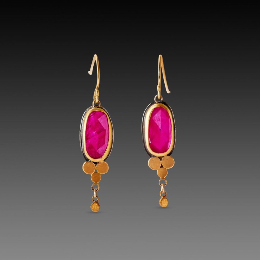 Earrings Ananda Khalsa | Ruby Drop Earrings With Gold Trios