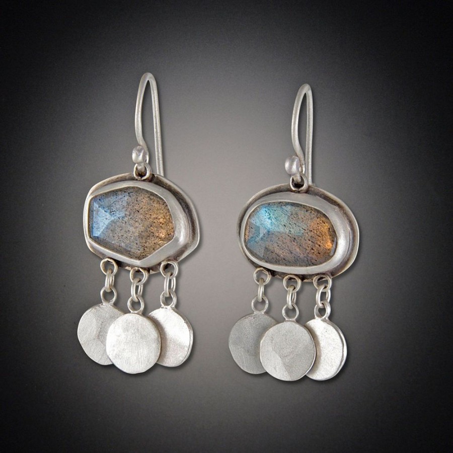 Earrings Ananda Khalsa | Labradorite Earrings With Hammered Disk Drops