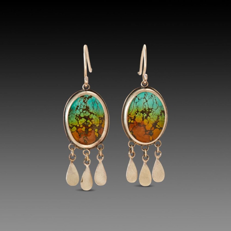 Earrings Ananda Khalsa | Turquoise Earrings With Silver Teardrops Fringe