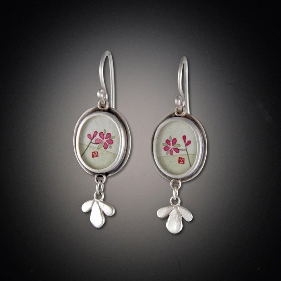 Earrings Ananda Khalsa | Tiny Oval Plum Blossom Earrings With Leaf Trios