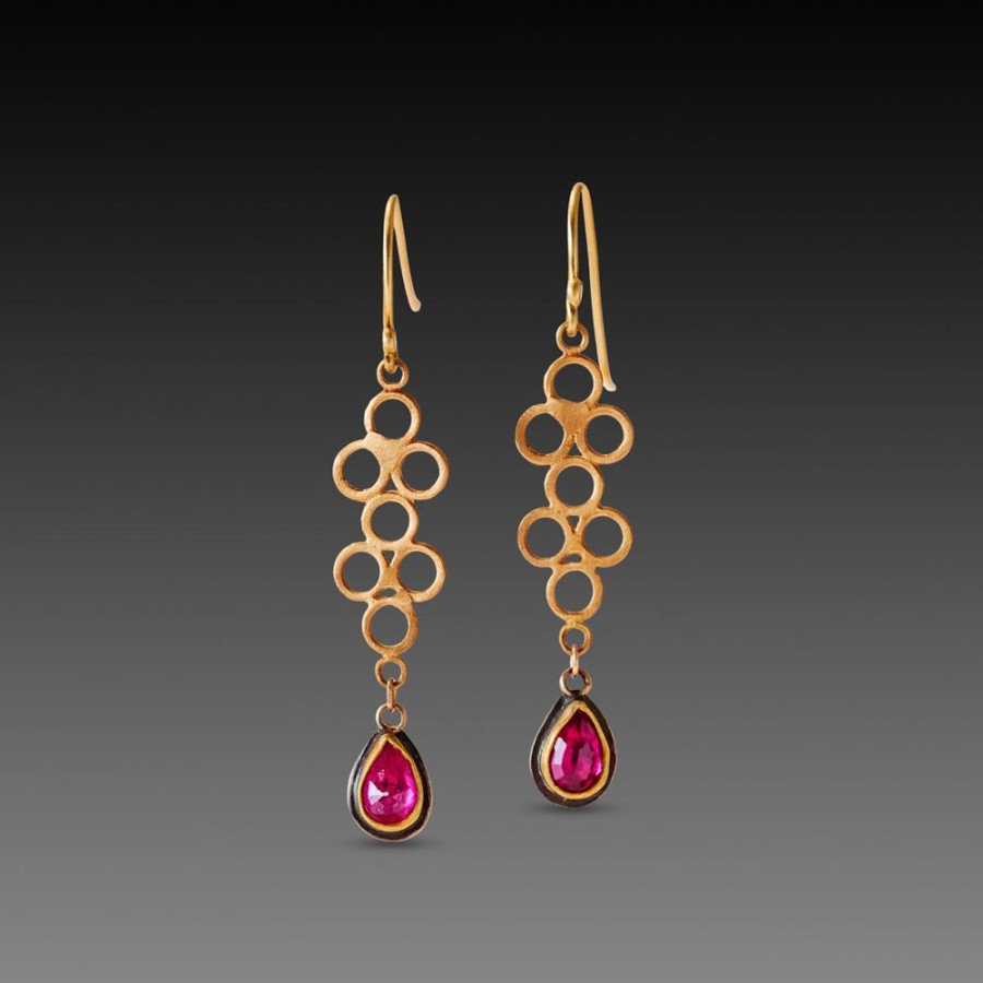 Earrings Ananda Khalsa | Open Filigree Earrings With Ruby Drops