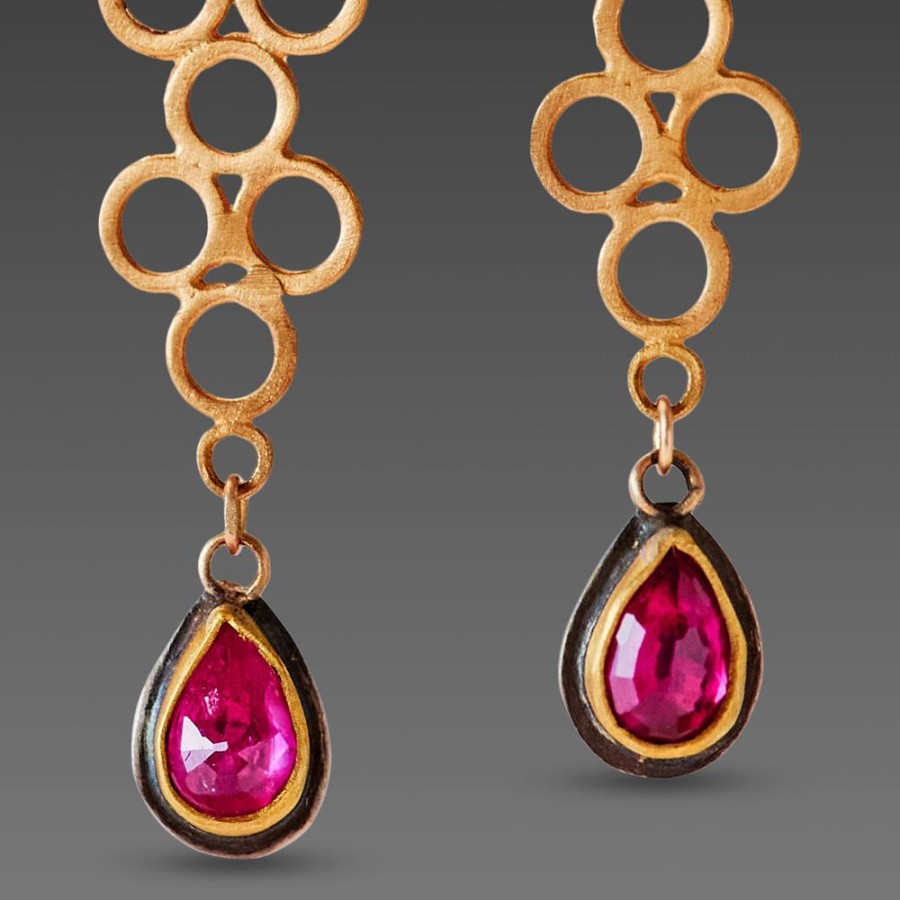 Earrings Ananda Khalsa | Open Filigree Earrings With Ruby Drops