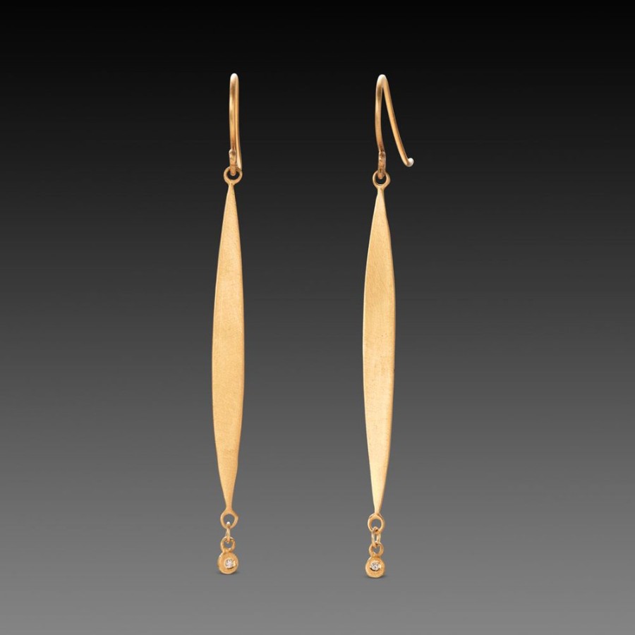 Earrings Ananda Khalsa | Gold & Diamond Long Leaf Earrings