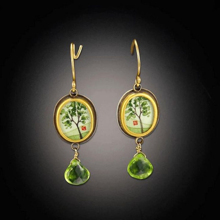 Earrings Ananda Khalsa | Tiny Oval Spring Maple Earrings With Peridot Drop