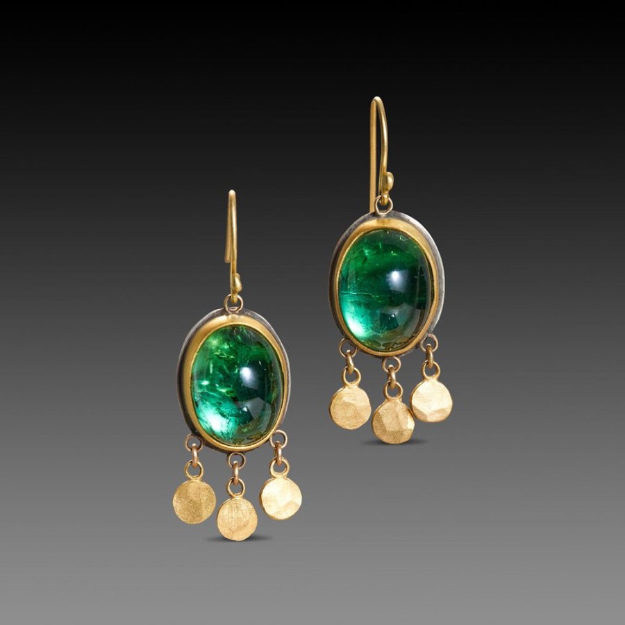 Earrings Ananda Khalsa | Green Tourmaline Earrings With Gold Fringe