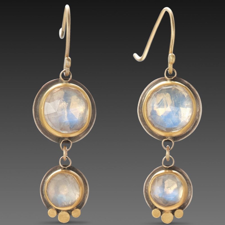 Earrings Ananda Khalsa | Double Moonstone Earrings With Gold Trios