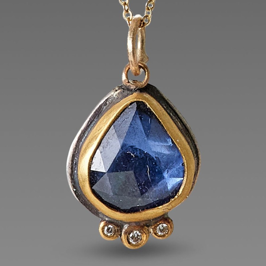 Necklaces Ananda Khalsa | Sapphire Teardrop Necklace With Diamonds