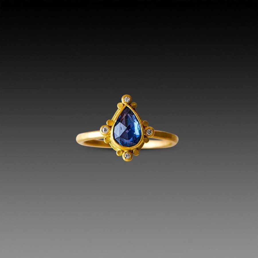 Rings Ananda Khalsa | Blue Sapphire Teardrop Ring With Diamond Trios