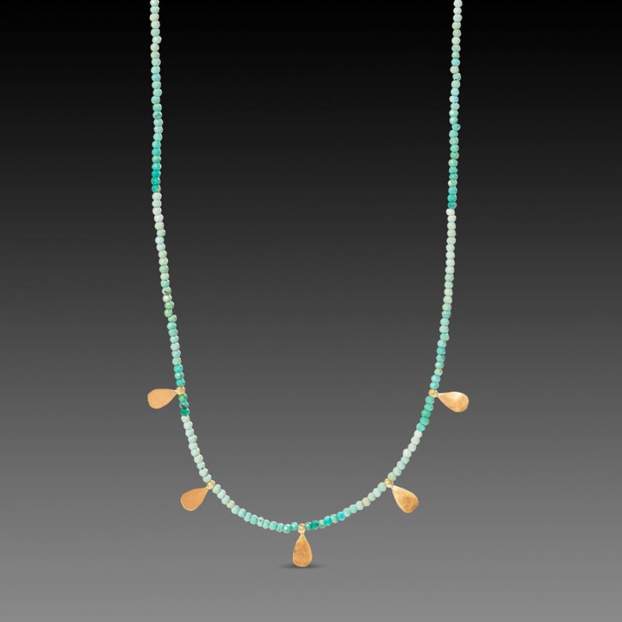 Necklaces Ananda Khalsa | Polished Turquoise & Gold Teardrops Necklace