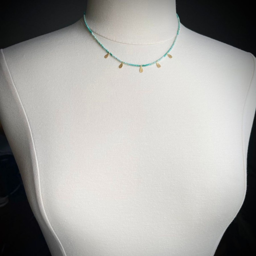 Necklaces Ananda Khalsa | Polished Turquoise & Gold Teardrops Necklace