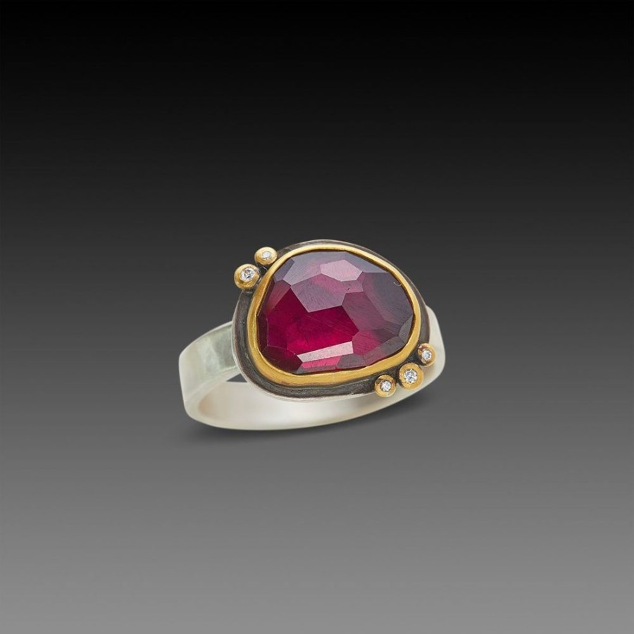 Rings Ananda Khalsa | Rose Cut Rhodolite Garnet Ring With Five Diamonds