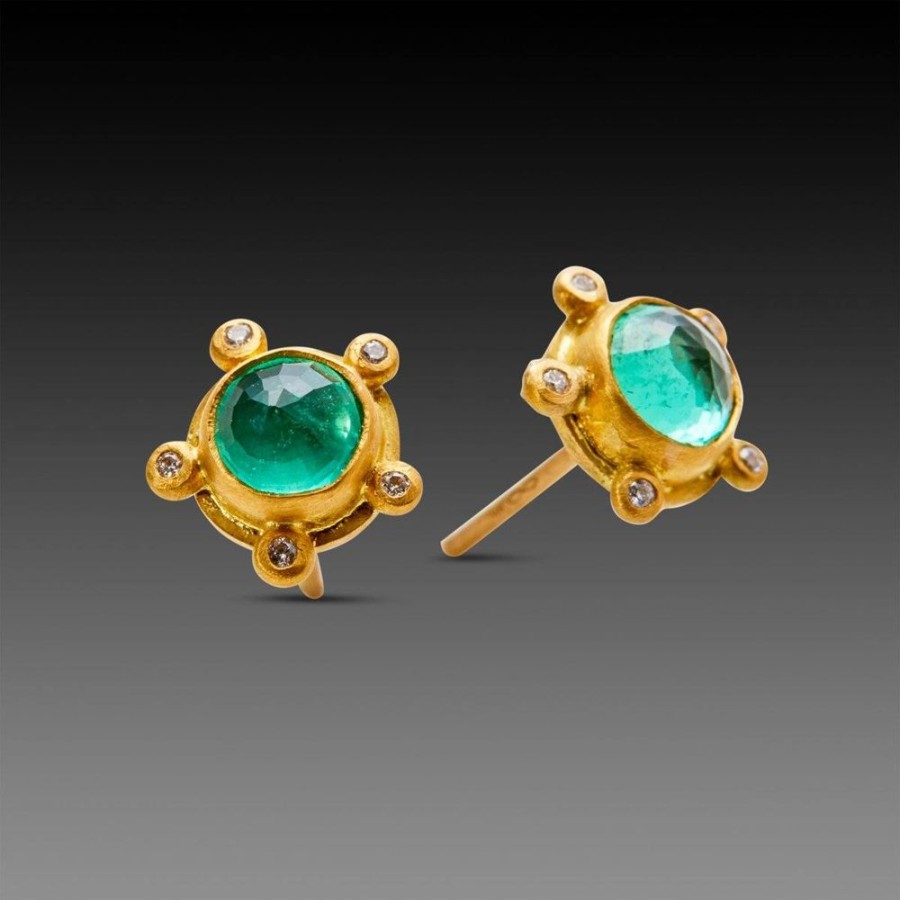 Earrings Ananda Khalsa | Emerald Stud Earrings With Diamonds