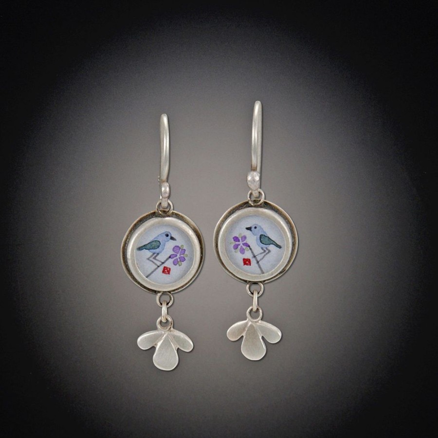 Earrings Ananda Khalsa | Tiny Round Bluebird Earrings With Leaf Trio