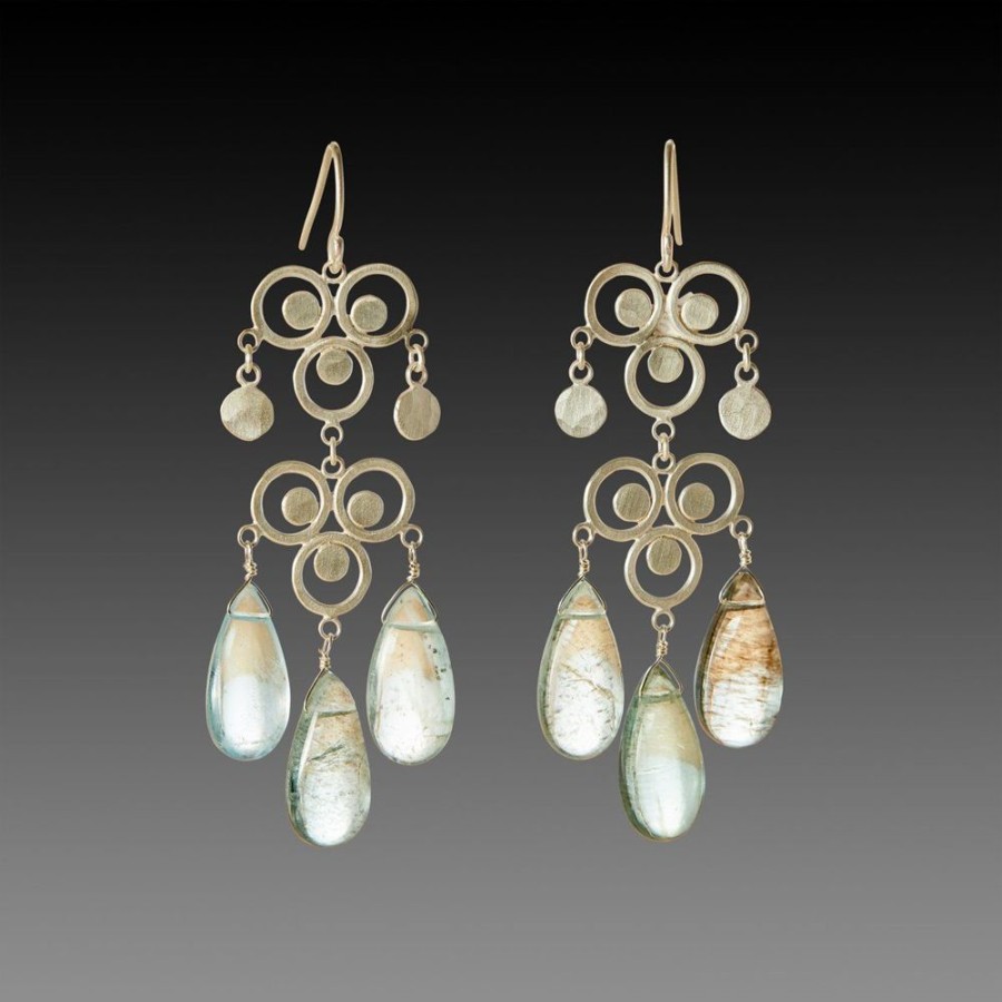 Earrings Ananda Khalsa | Double Filigree Chandelier Earrings With Moss Aquamarine Drops