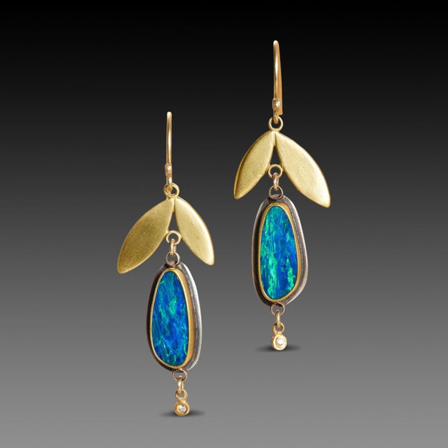 Earrings Ananda Khalsa | Boulder Opal Earrings With Double Leaf