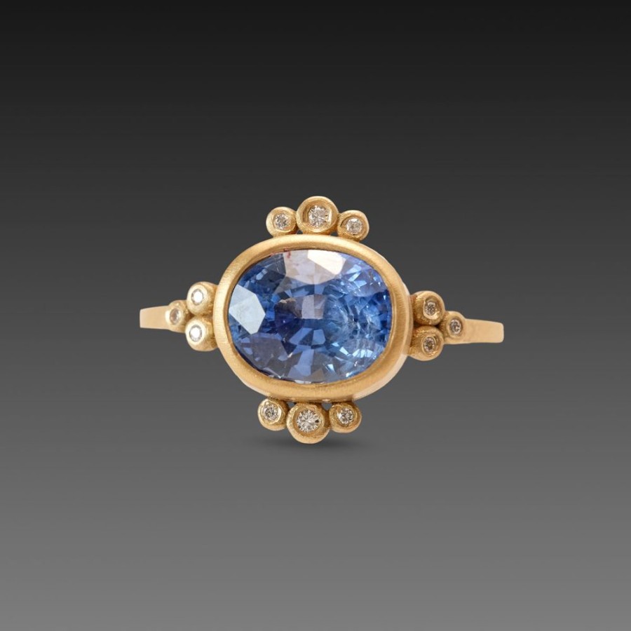 Rings Ananda Khalsa | Oval Sapphire Ring With Diamond Trios