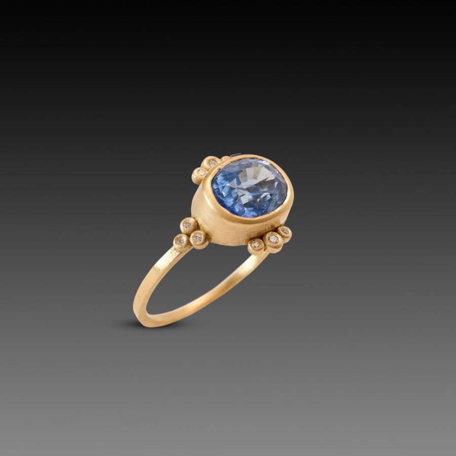 Rings Ananda Khalsa | Oval Sapphire Ring With Diamond Trios