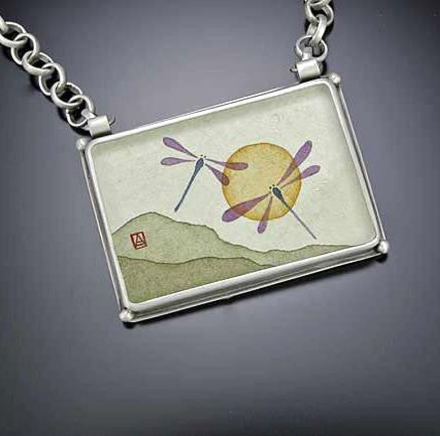 Hand Painted Jewelry Ananda Khalsa | Large Rectangle Dragonfly Necklace