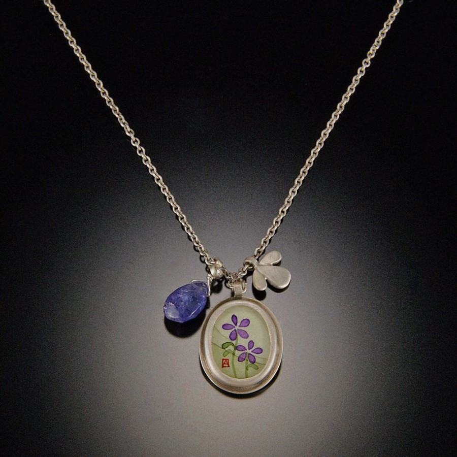 Hand Painted Jewelry Ananda Khalsa | Violets Charm Necklace With Tanzanite