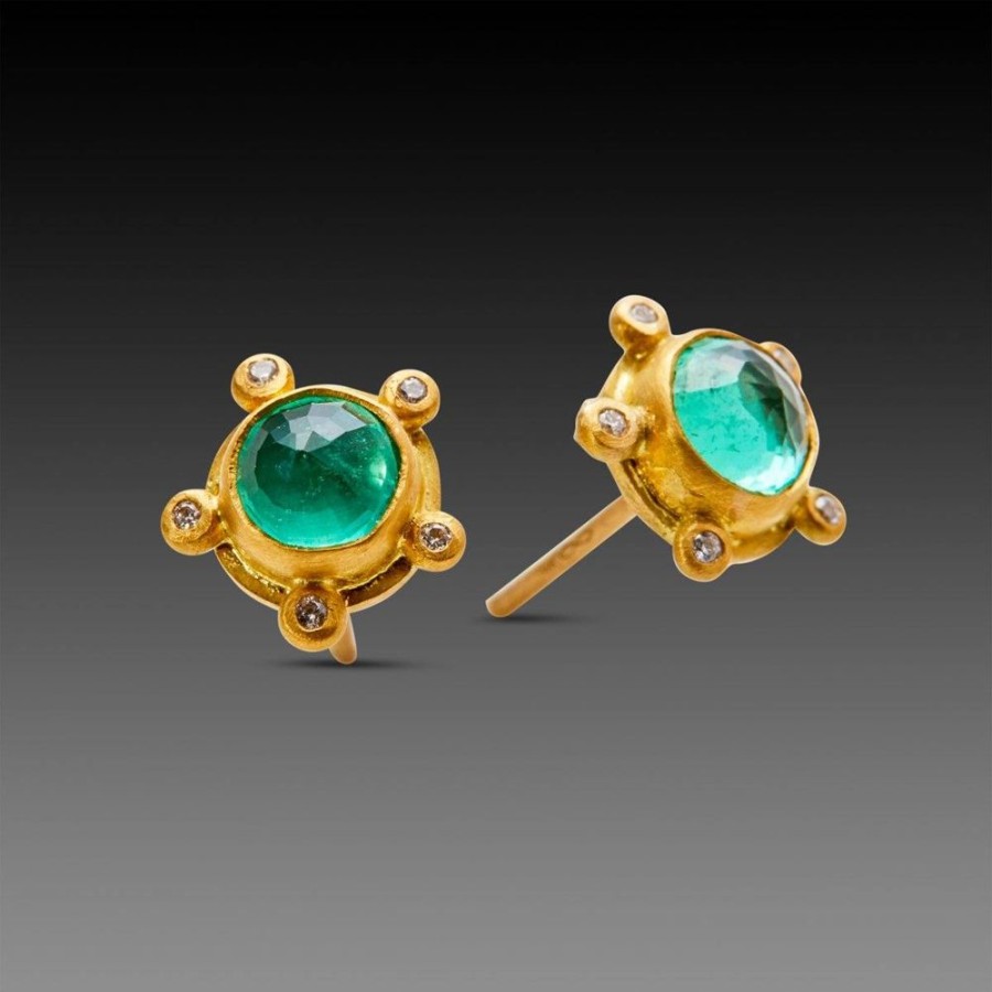 Earrings Ananda Khalsa | Emerald Stud Earrings With Diamonds