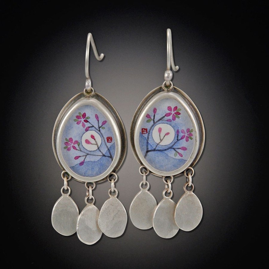 Hand Painted Jewelry Ananda Khalsa | Teardrop Plum Blossom Earring With Oval Disks