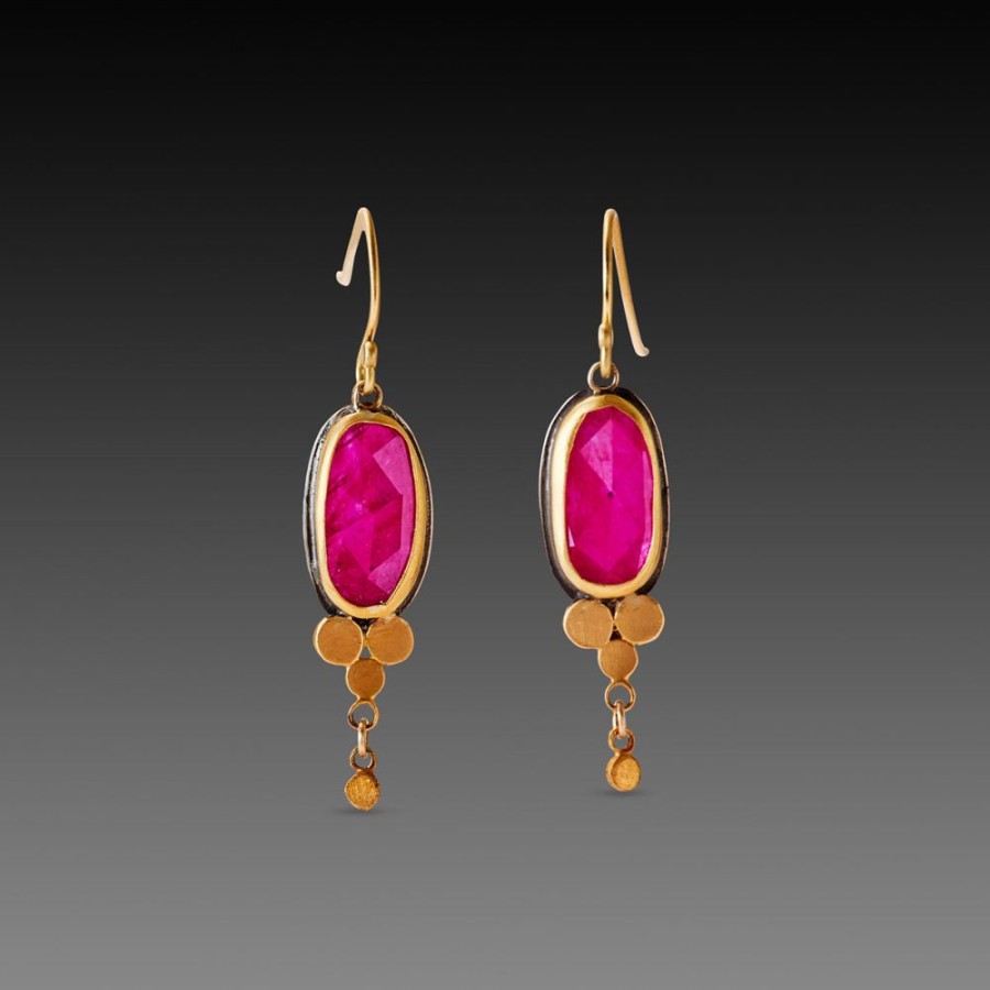 Earrings Ananda Khalsa | Ruby Drop Earrings With Gold Trios