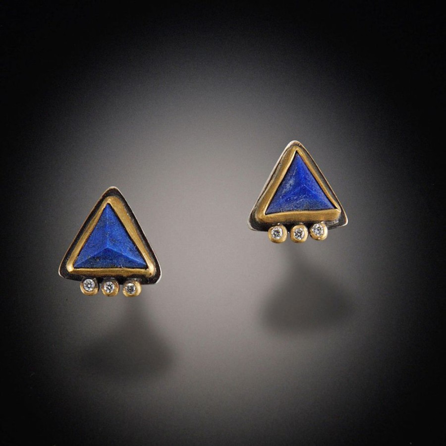 Earrings Ananda Khalsa | Triangle Lapis Stud Earrings With Three Diamond Dots