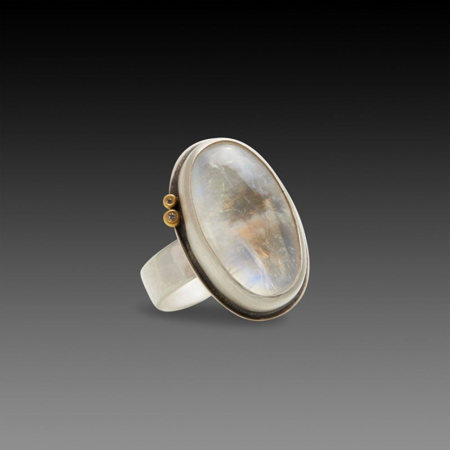 Rings Ananda Khalsa | Oval Rainbow Moonstone Ring With Diamonds