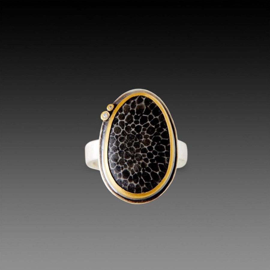 Rings Ananda Khalsa | Bryozoan Fossil Ring With Two Diamonds