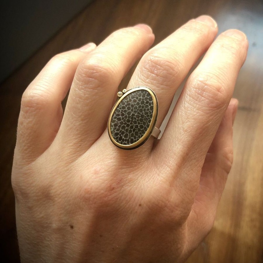 Rings Ananda Khalsa | Bryozoan Fossil Ring With Two Diamonds