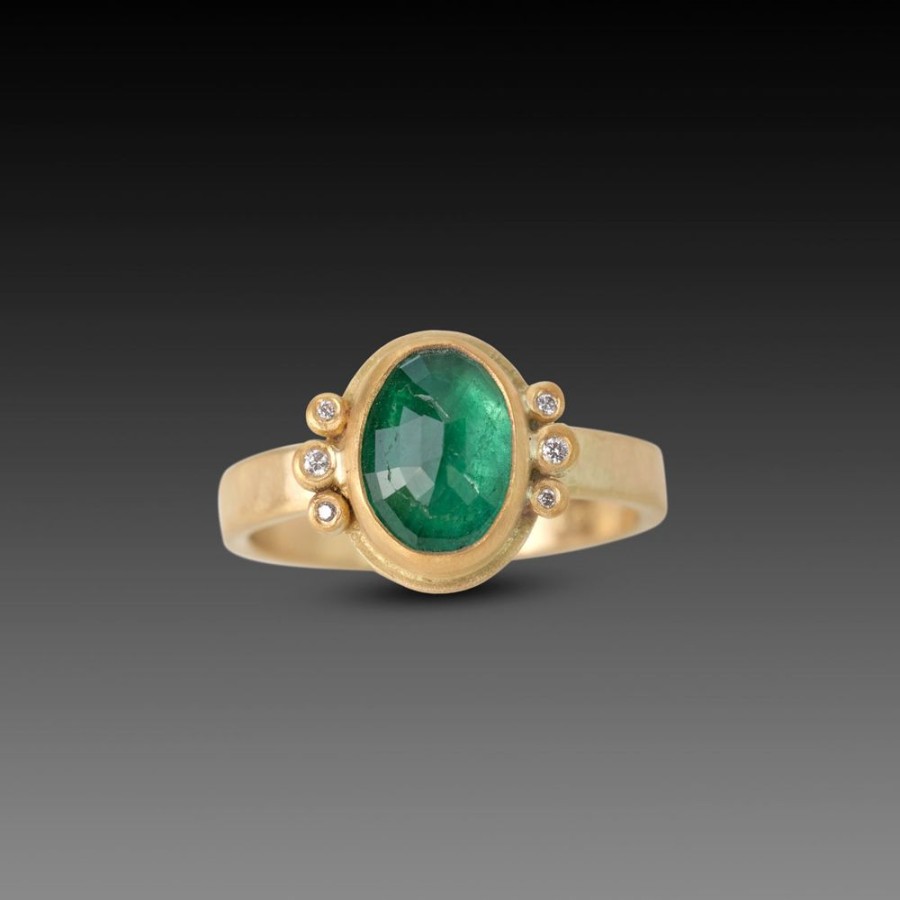 Rings Ananda Khalsa | Oval Emerald Ring With Diamond Trios