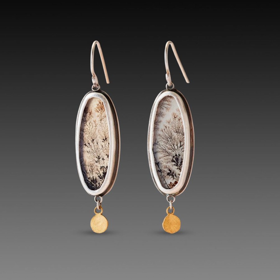 Earrings Ananda Khalsa | Dendritic Agate Earrings With Hammered Gold Dots