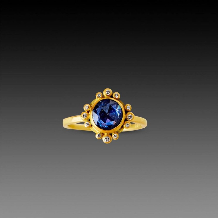 Rings Ananda Khalsa | Blue Sapphire Ring With Diamond Dot Trios