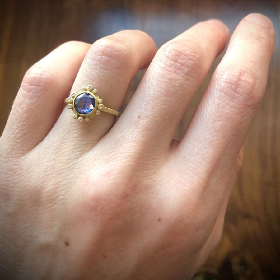 Rings Ananda Khalsa | Blue Sapphire Ring With Diamond Dot Trios