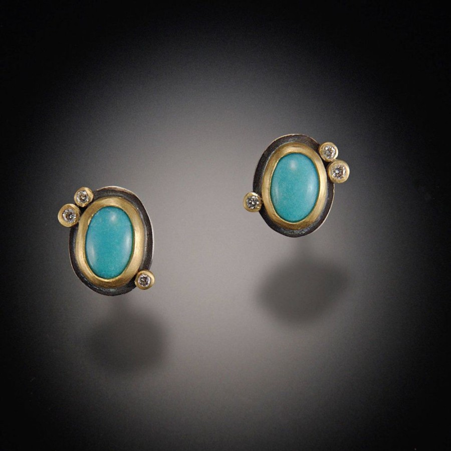 Earrings Ananda Khalsa | Turquoise Stud Earrings With Three Diamond Dots