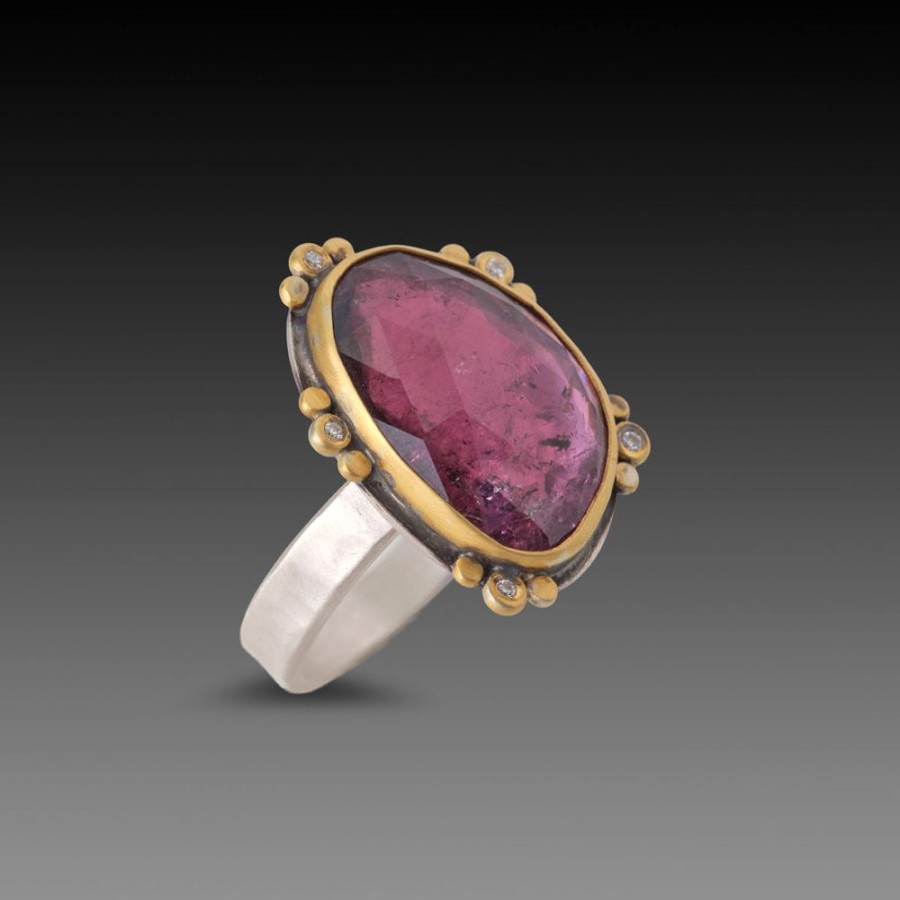 Rings Ananda Khalsa | Rose Cut Pink Tourmaline Ring With Five Diamond Trios