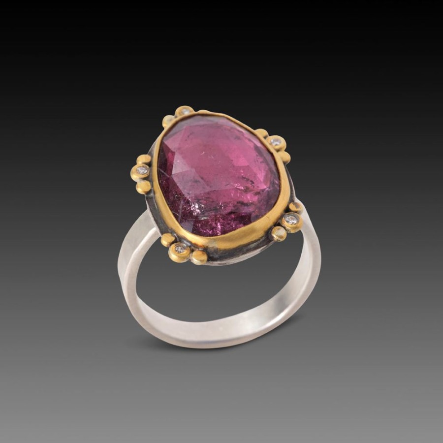 Rings Ananda Khalsa | Rose Cut Pink Tourmaline Ring With Five Diamond Trios