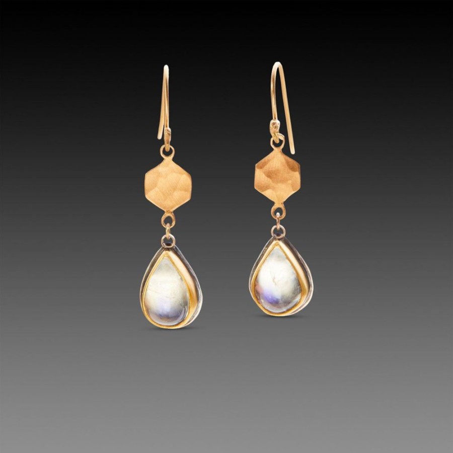 Earrings Ananda Khalsa | Gold Hexagon With Moonstone Drop Earrings