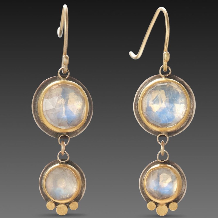 Earrings Ananda Khalsa | Double Moonstone Earrings With Gold Trios