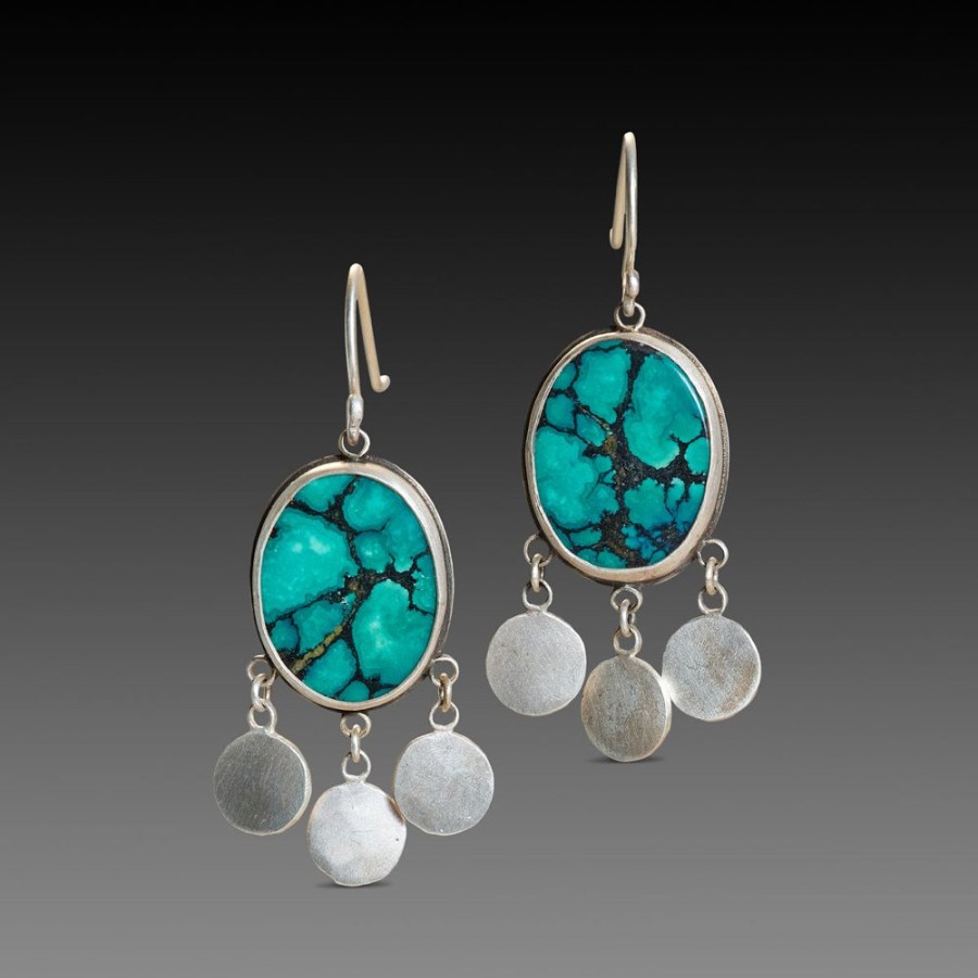 Earrings Ananda Khalsa | Oval Turquoise Earrings With Silver Fringe