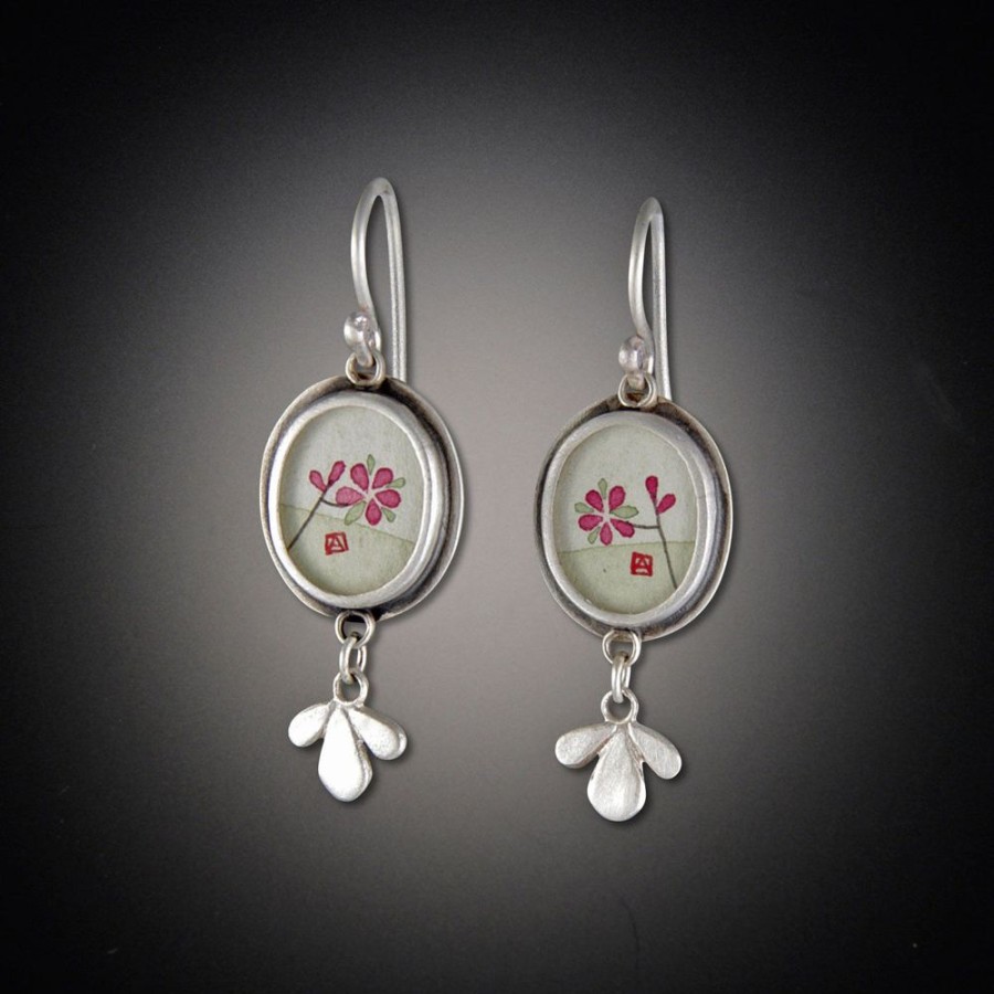 Earrings Ananda Khalsa | Tiny Oval Plum Blossom Earrings With Leaf Trios