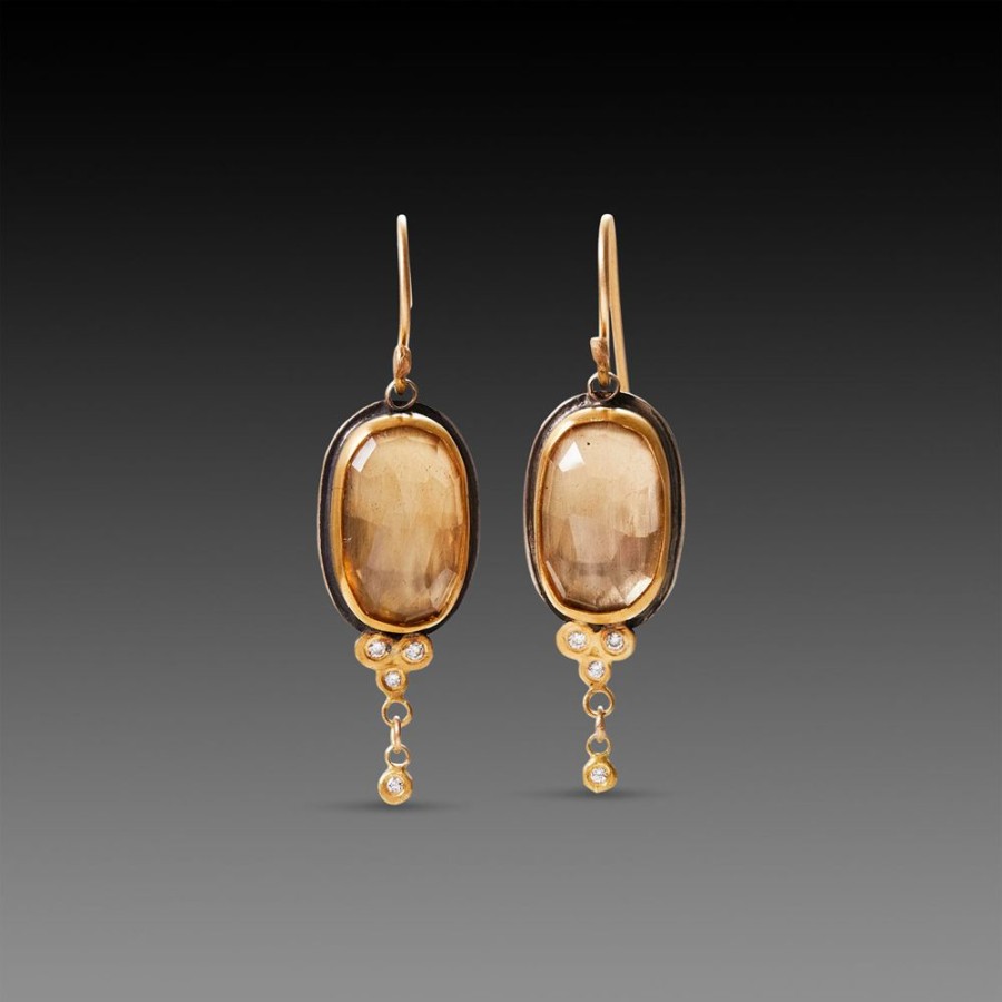 Earrings Ananda Khalsa | Champagne Quartz Earrings With Diamond Trios