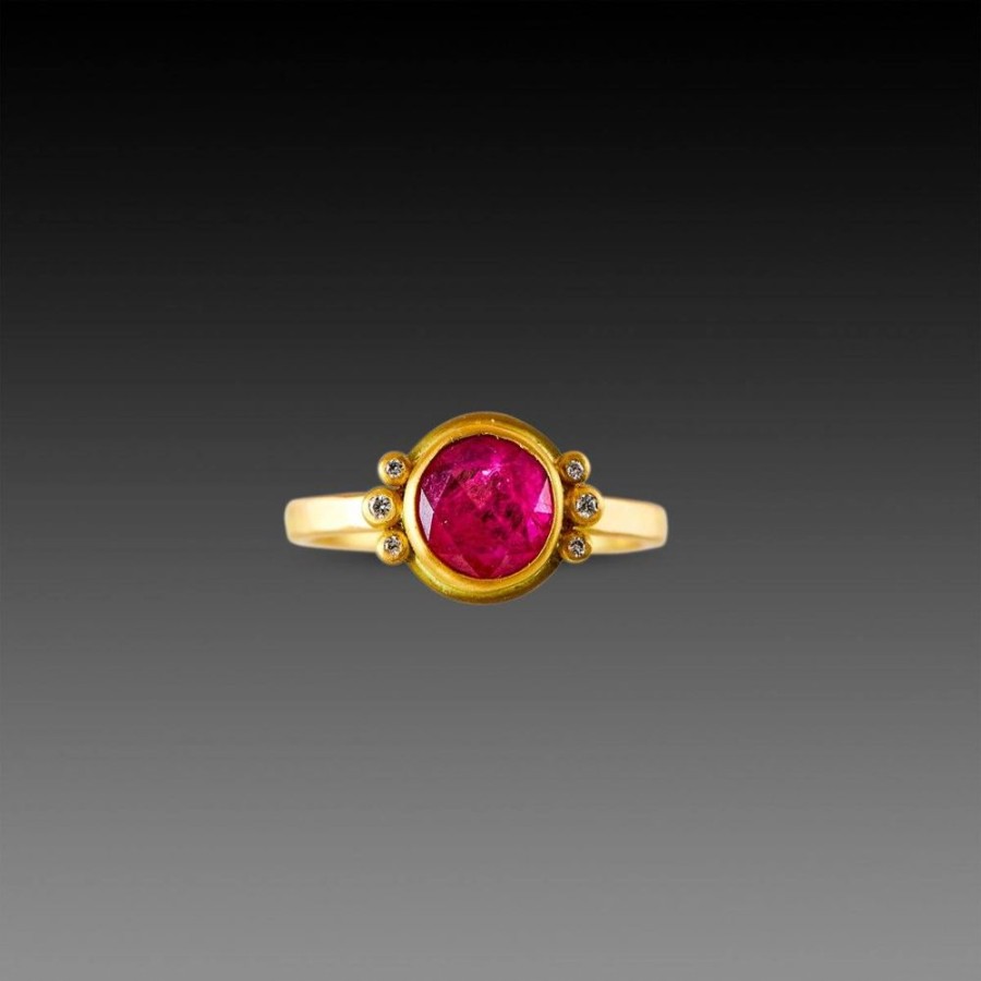 Rings Ananda Khalsa | Rose Cut Ruby Ring With Diamond Trios