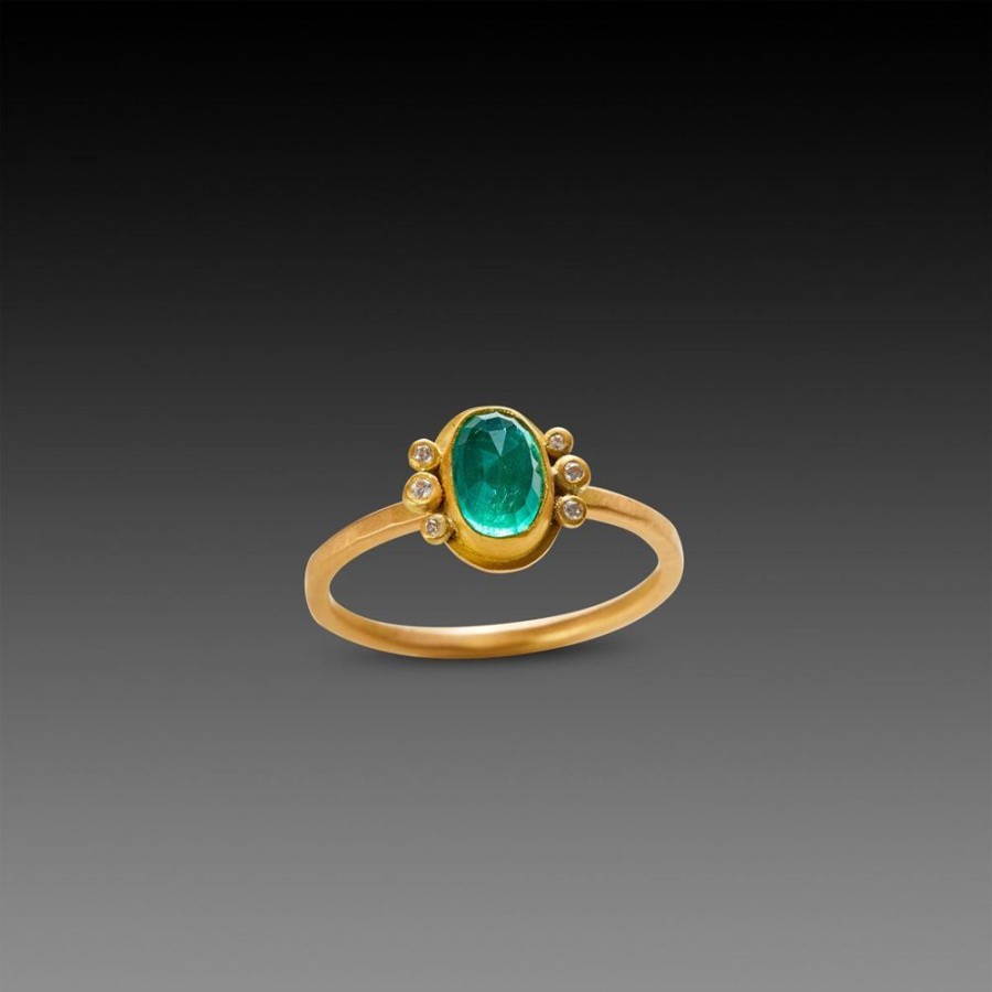 Rings Ananda Khalsa | Rose Cut Emerald Ring With Diamond Trios