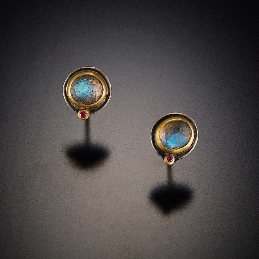 Earrings Ananda Khalsa | Labradorite Stud Earrings With Ruby Dot