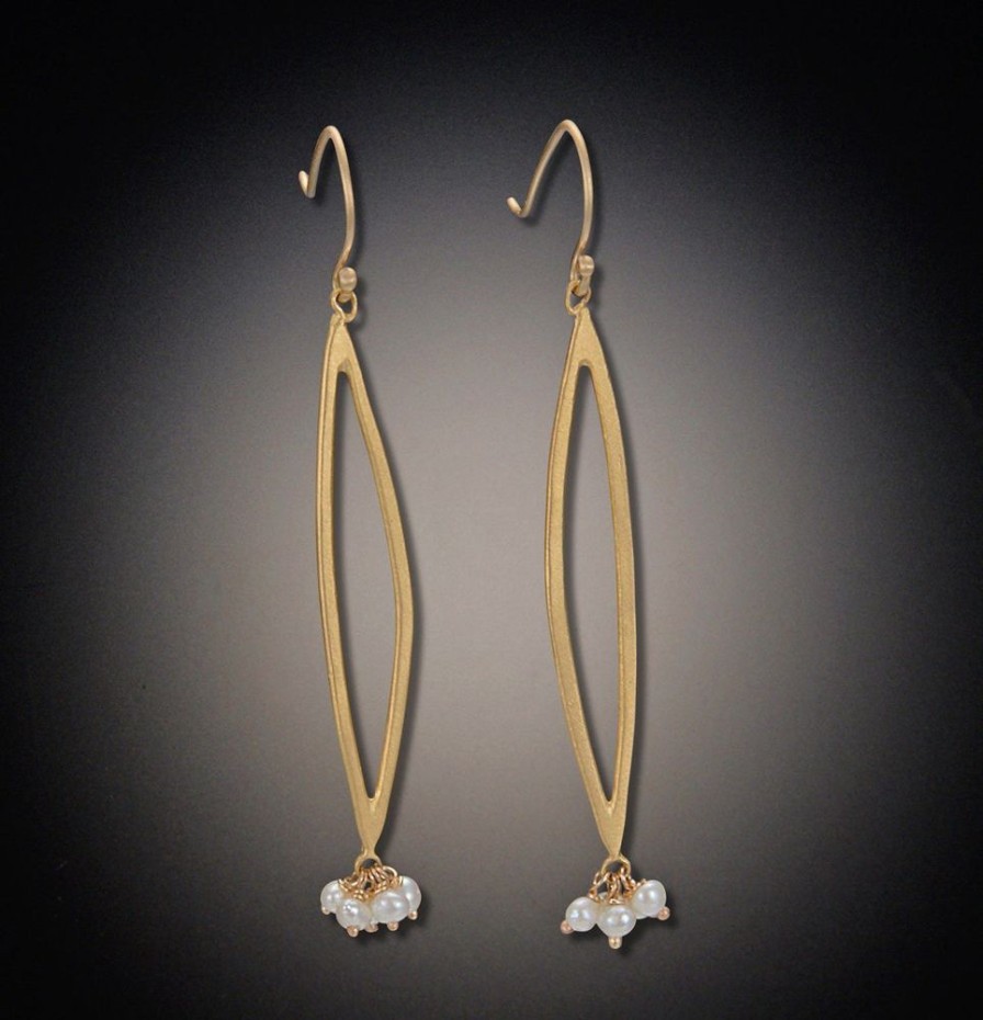 Earrings Ananda Khalsa | Gold Long Open Leaf Earrings With Pearl Clusters