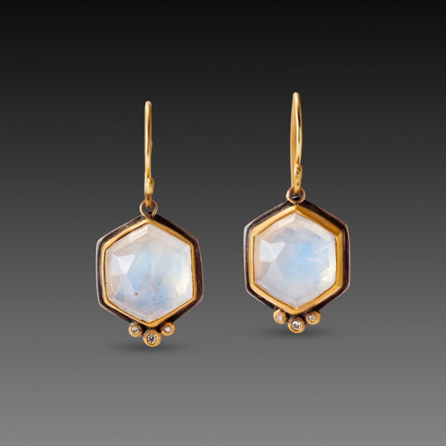 Earrings Ananda Khalsa | Hexagon Moonstone Earrings With Diamond Trios