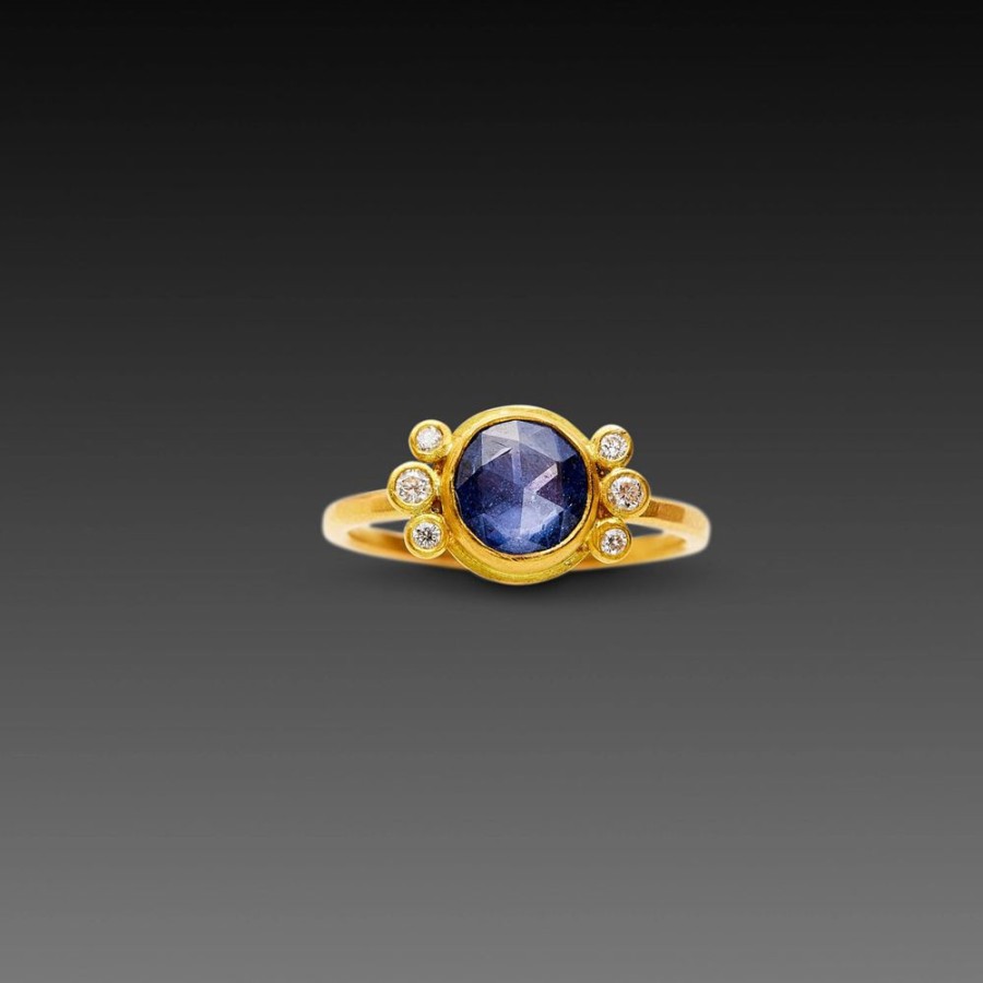 Rings Ananda Khalsa | Blue Sapphire Ring With Diamond Trios