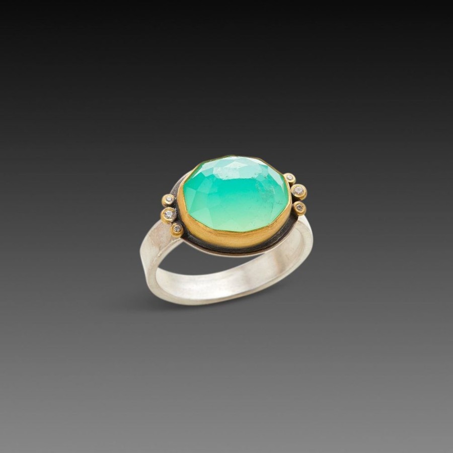 Rings Ananda Khalsa | Faceted Chrysoprase Ring With Six Diamond Dots