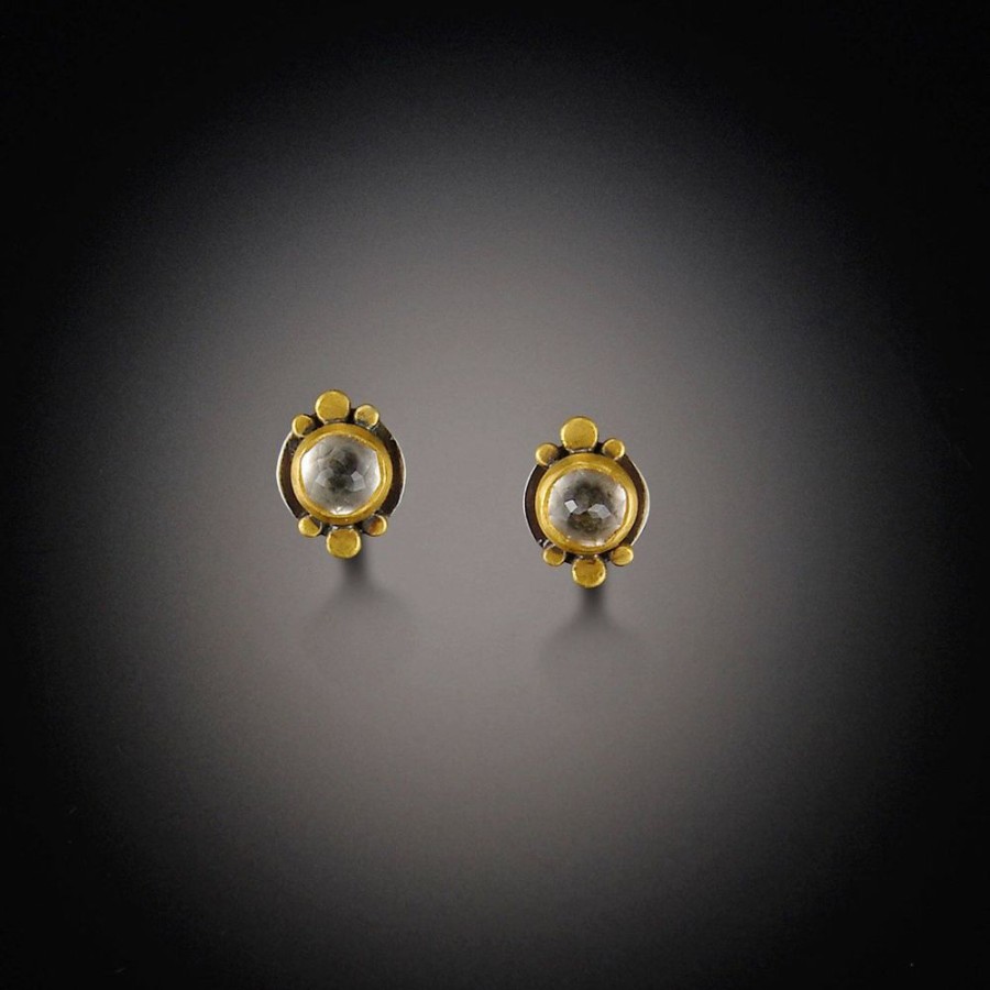 Earrings Ananda Khalsa | Small Round White Topaz Earrings With Gold Dots